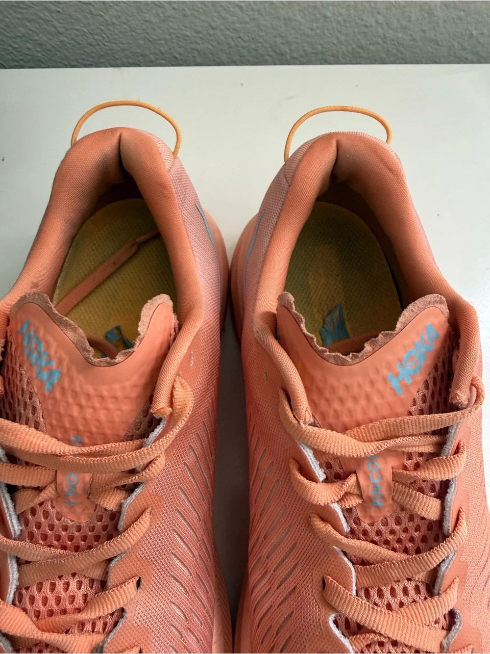 Hoka Rincon 3 Women size 7.5 Coral Peach Athletic Shoes with Light Blue Logo